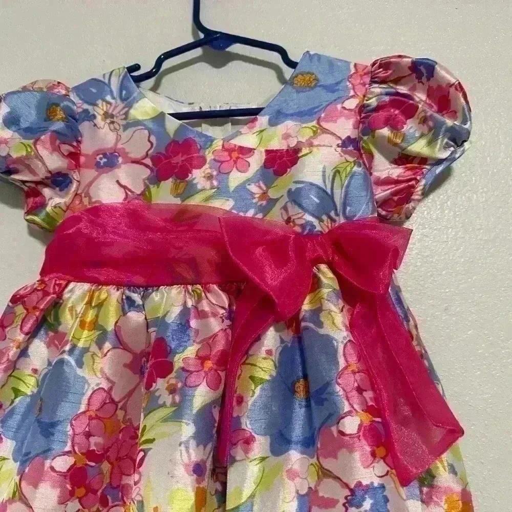 Ashley Ann Girls Floral Party Dress 4T Pink Blue Easter Spring Bow Waist Dress